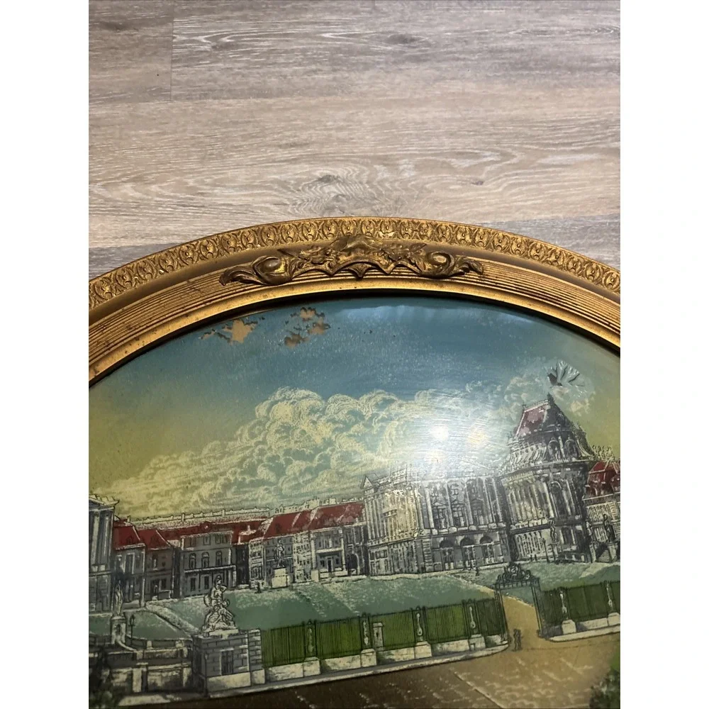 Antique Reverse Painted Bubble Glass Versailles France Gilded Oval Frame 24
